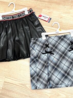 Limited Too Black Faux Leather Pleated Skirt & Gray Plaid Mini Skirt Duo Size XL